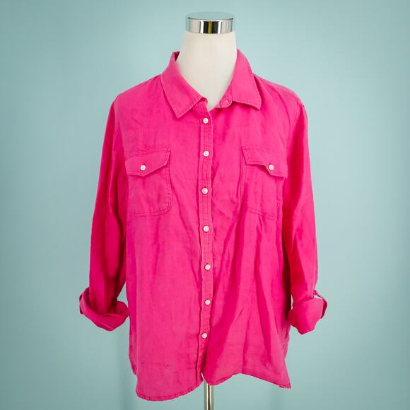 Talbots Size large L Pink Collared Button Long Tab Sleeve 100% Linen Top - Picture 1 of 6